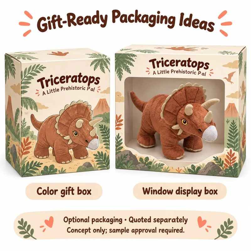 Rust Triceratops Plush — optional packaging concept; final artwork, fit and quotation require confirmation.