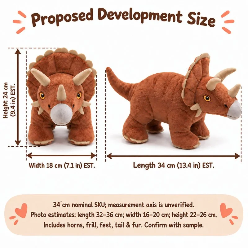 Rust Triceratops Plush — proposed size reference; dimensions require sample confirmation.