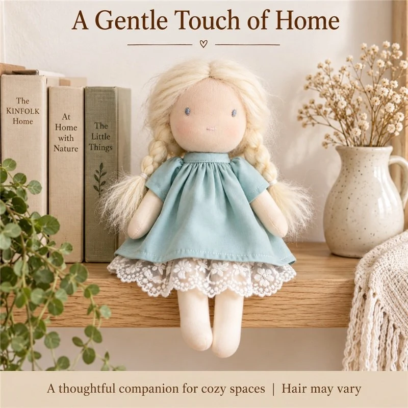 Illustrative application scene featuring sage dress braided cloth doll; setting is a concept.