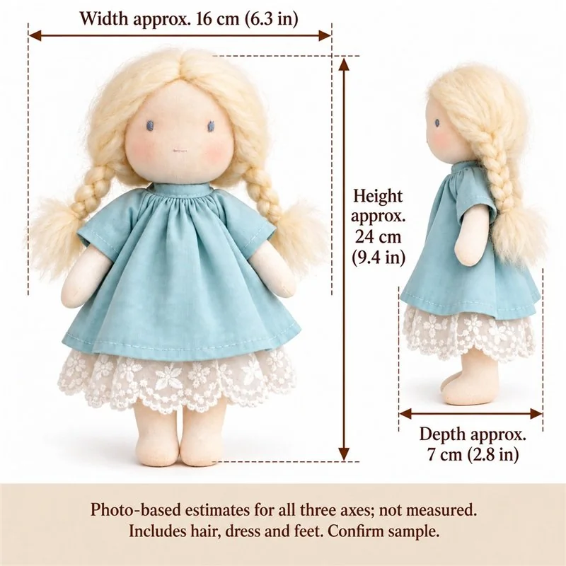 Sage Dress Braided Cloth Doll — proposed size reference; dimensions require sample confirmation.