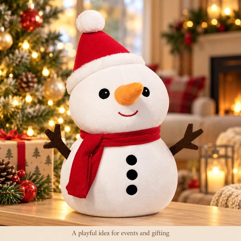 Illustrative application scene featuring santa hat snowman plush; setting is a concept.