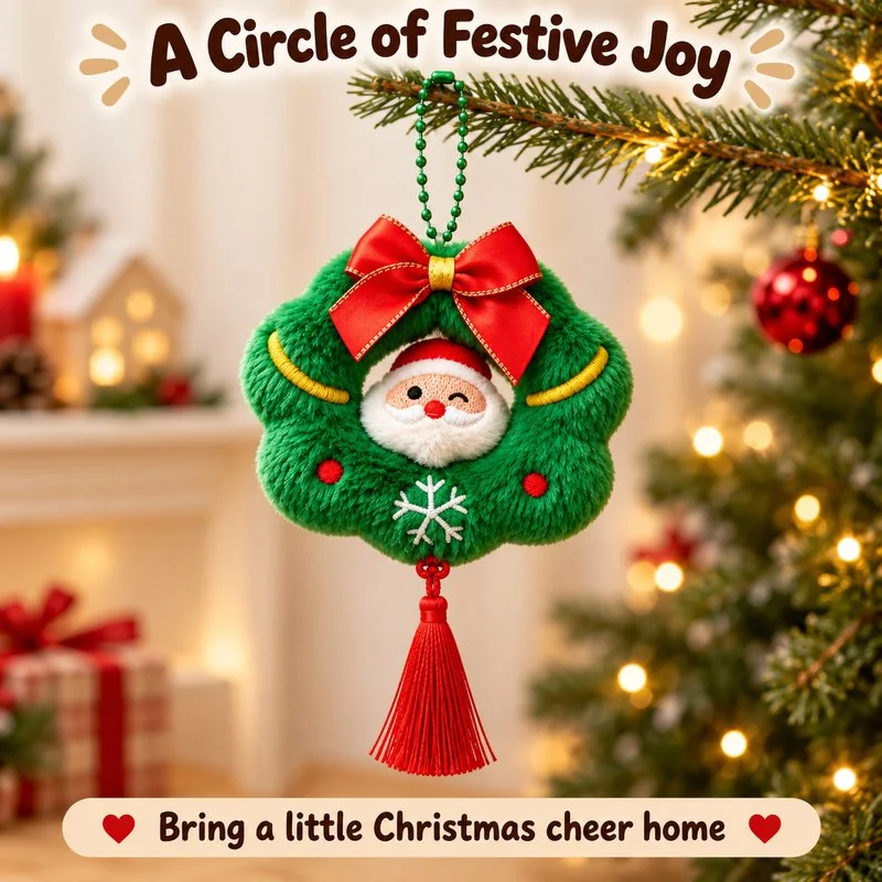 Illustrative application scene featuring santa wreath plush ornament; setting is a concept.