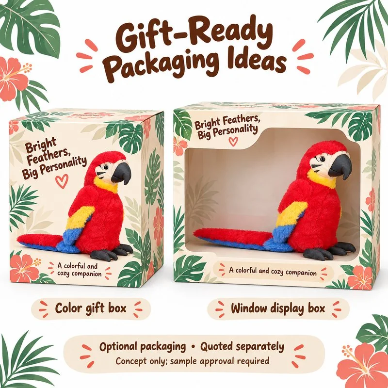 Scarlet Macaw Parrot Plush — optional packaging concept; final artwork, fit and quotation require confirmation.