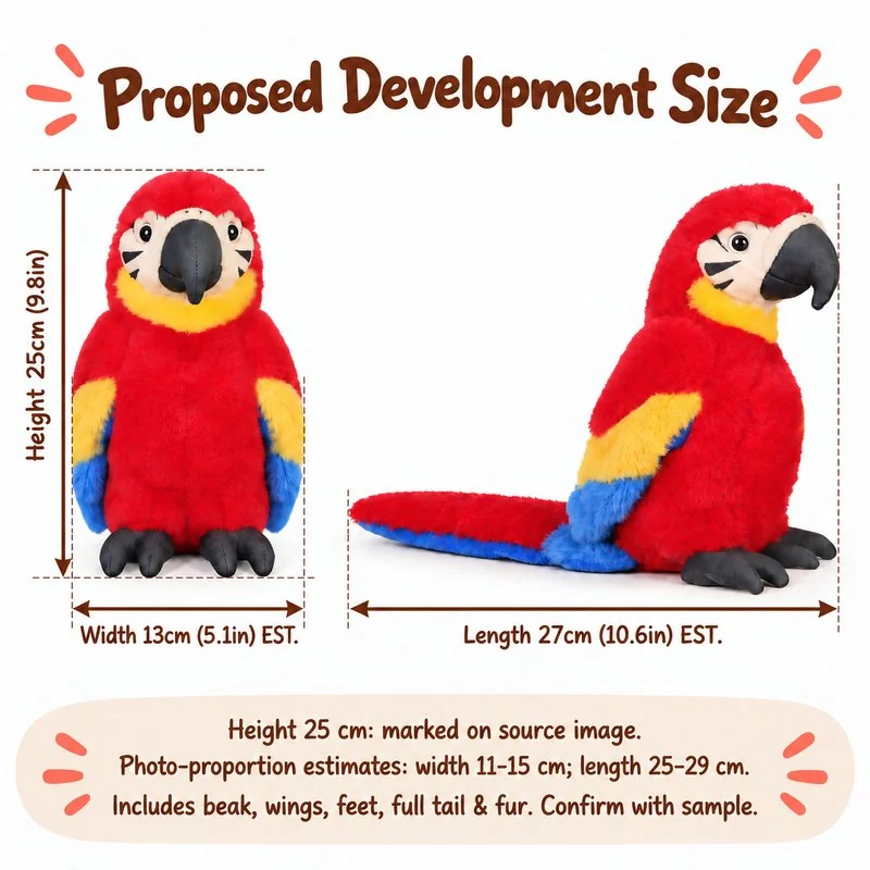Scarlet Macaw Parrot Plush — proposed size reference; dimensions require sample confirmation.