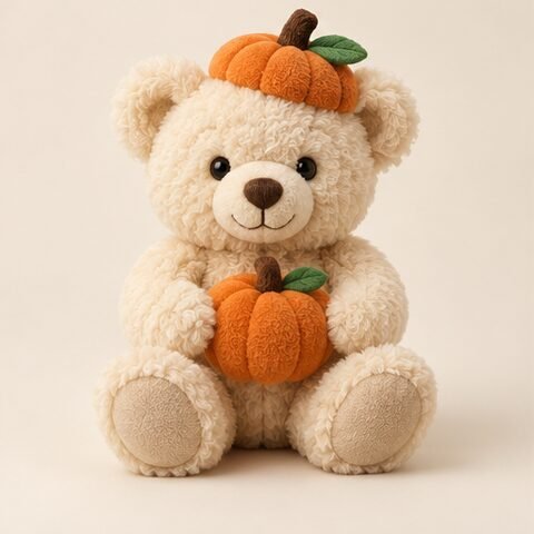 Concept cream teddy bear with a pumpkin hat and accessory