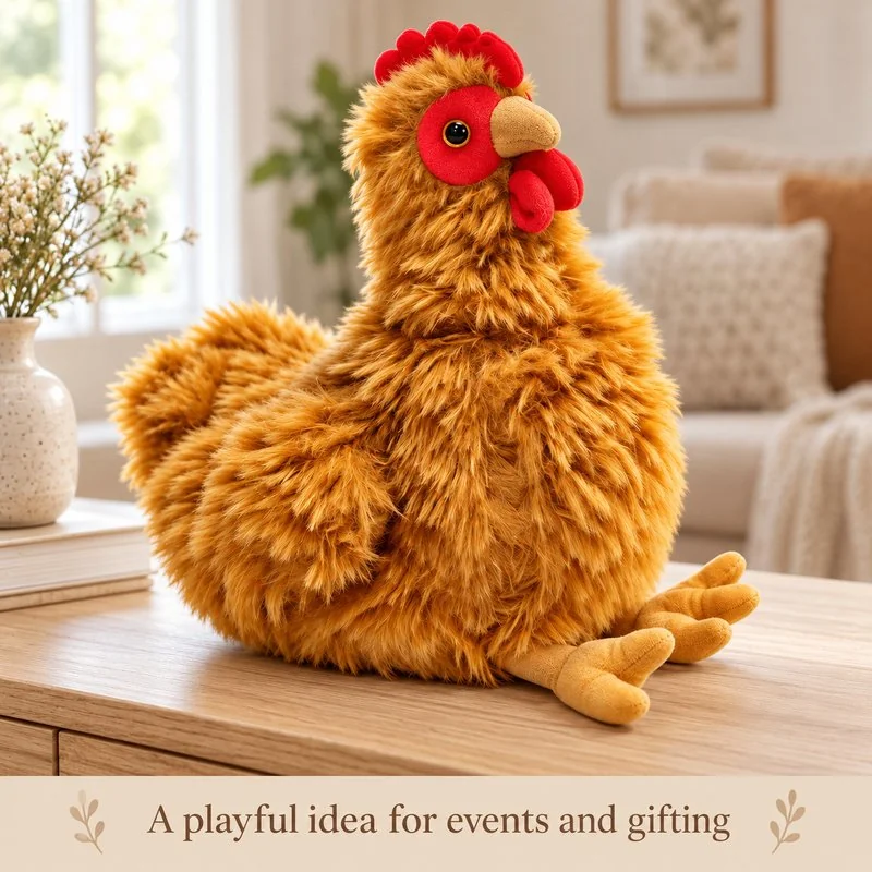 Illustrative application scene featuring shaggy brown hen plush; setting is a concept.