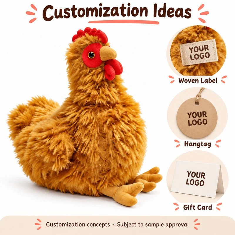 Customization concept for shaggy brown hen plush; feasibility and sample approval required.