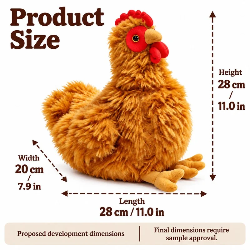 Shaggy Brown Hen Plush — proposed dimensions — confirm with sample