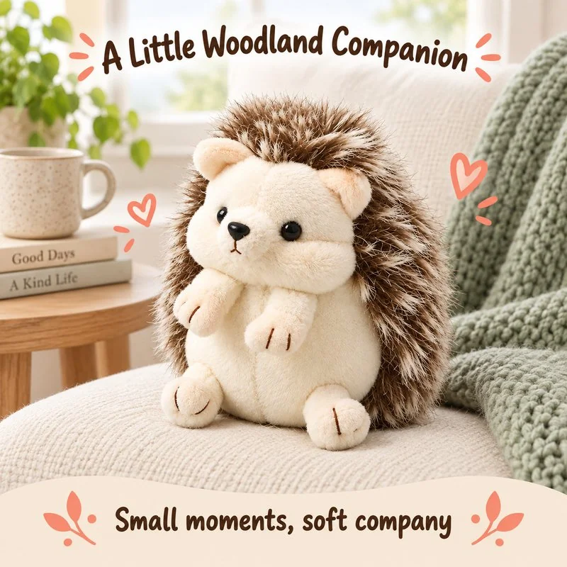 Illustrative application scene featuring shaggy hedgehog plush; setting is a concept.