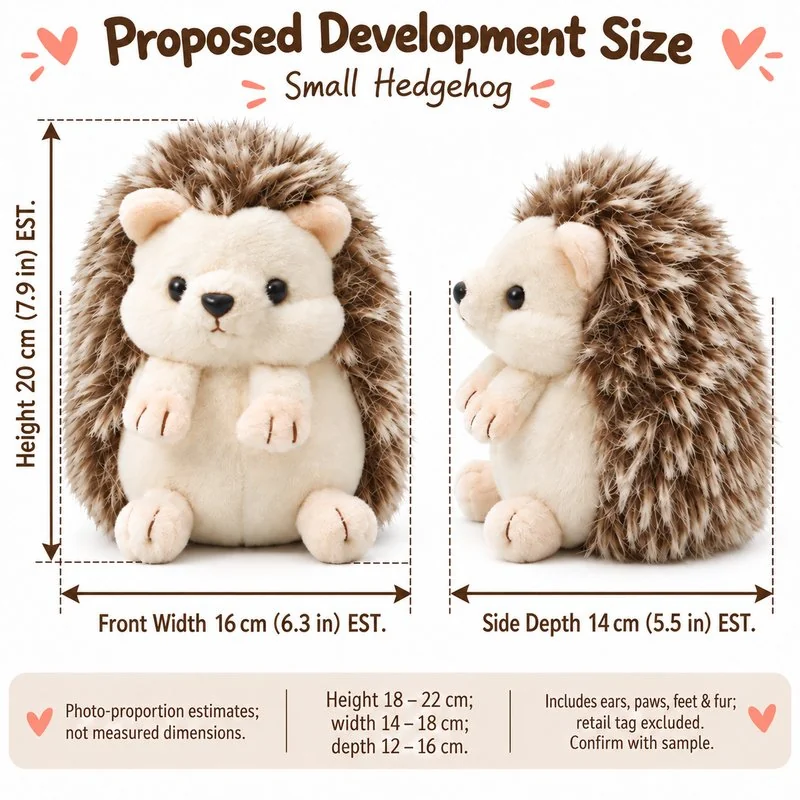 Shaggy Hedgehog Plush — proposed size reference; dimensions require sample confirmation.