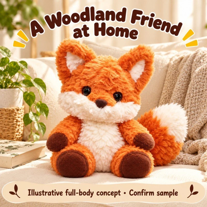 Illustrative application scene featuring shaggy orange fox plush; setting is a concept.