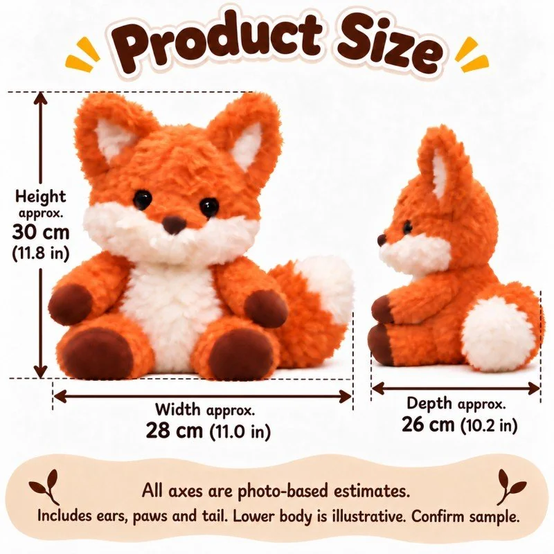 Shaggy Orange Fox Plush — proposed size reference; dimensions require sample confirmation.