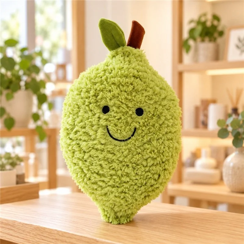 Illustrative application scene featuring shaggy smiling green fruit plush; setting is a concept.