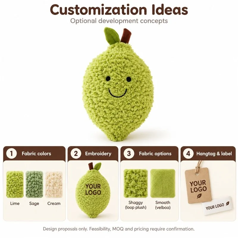 Customization concept for shaggy smiling green fruit plush; feasibility and sample approval required.
