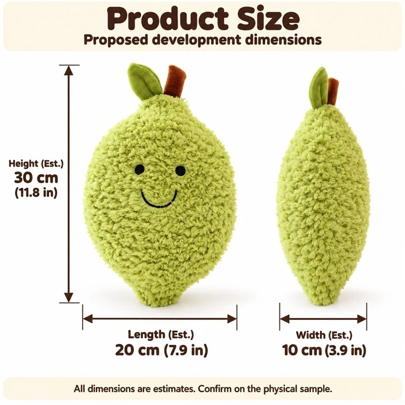 Shaggy Smiling Green Fruit Plush — proposed size reference; dimensions require sample confirmation.