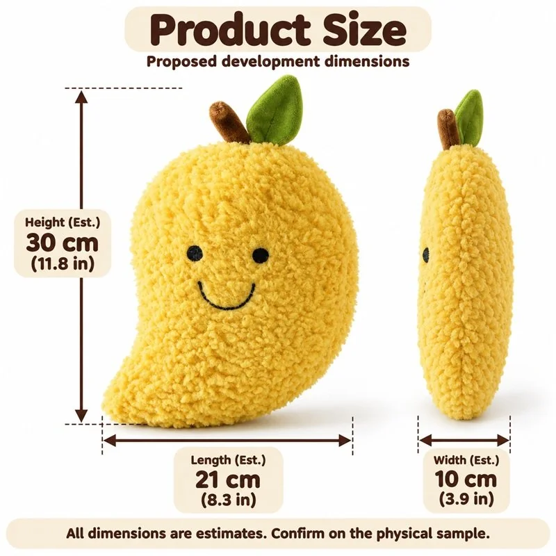 Shaggy Smiling Mango Plush — proposed size reference; dimensions require sample confirmation.