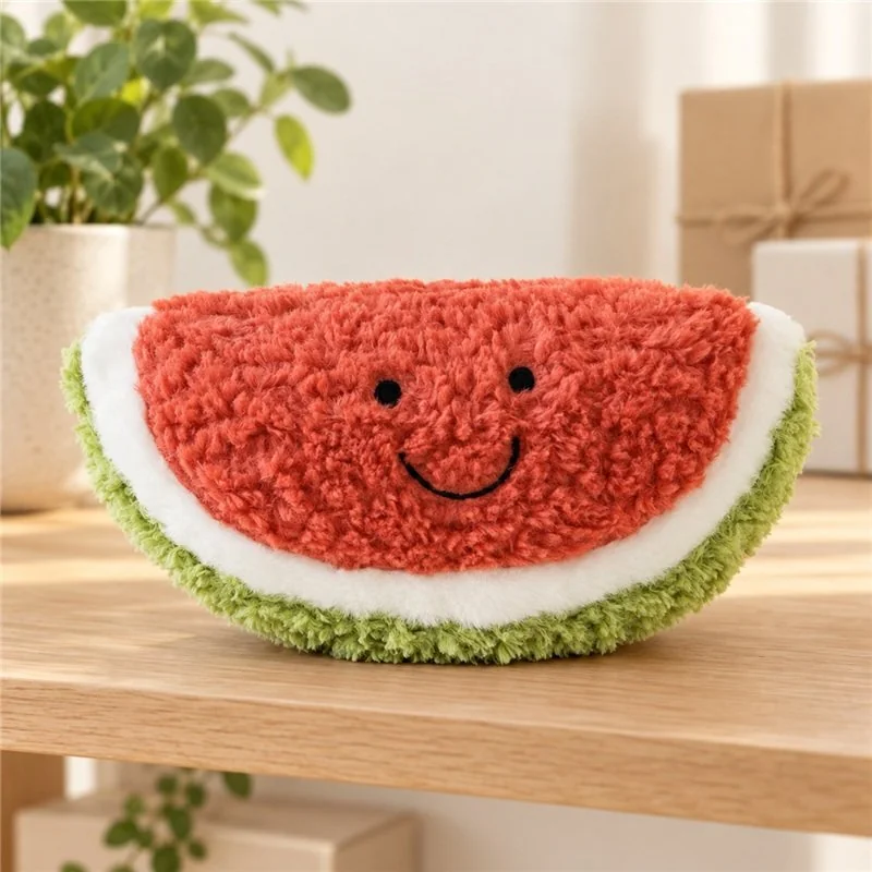 Illustrative application scene featuring shaggy semicircle watermelon plush; setting is a concept.