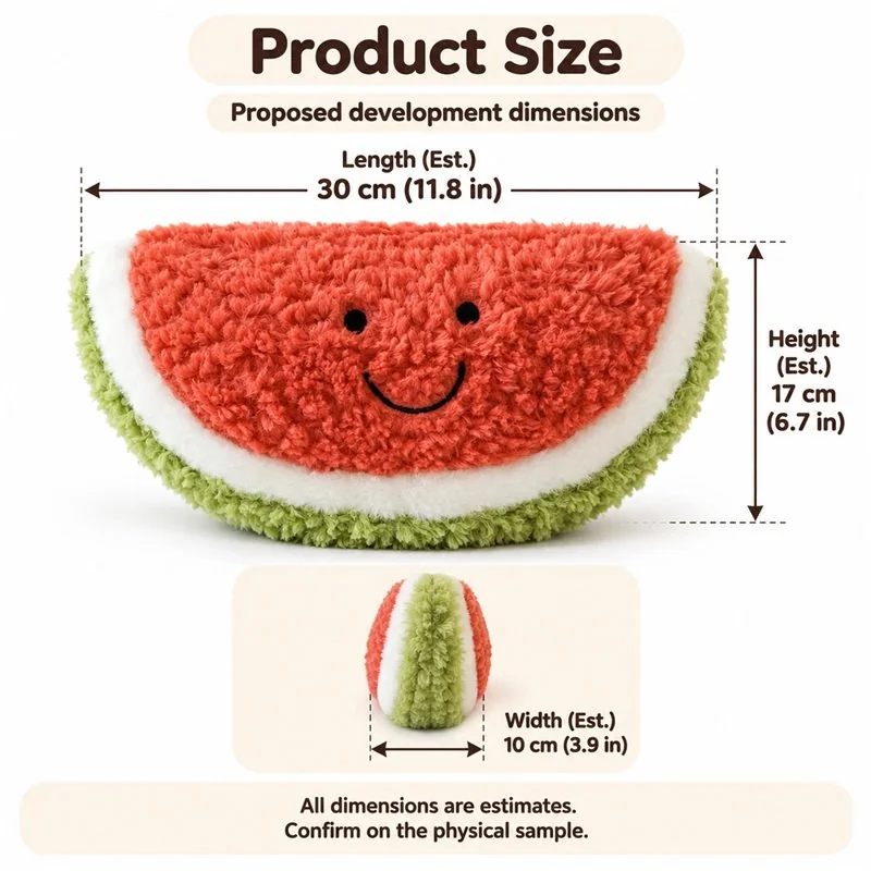 Shaggy Semicircle Watermelon Plush — proposed size reference; dimensions require sample confirmation.