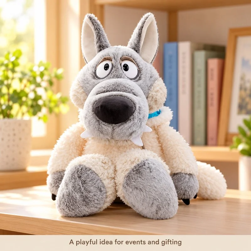 Illustrative application scene featuring sheep costume gray canine plush; setting is a concept.