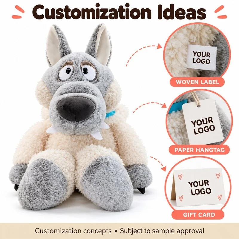 Customization concept for sheep costume gray canine plush; feasibility and sample approval required.