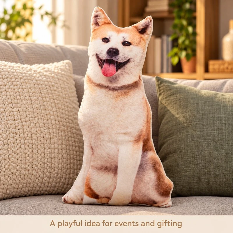 Illustrative application scene featuring shiba inu printed plush pillow; setting is a concept.