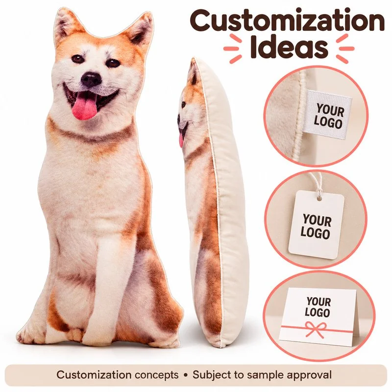 Customization concept for shiba inu printed plush pillow; feasibility and sample approval required.