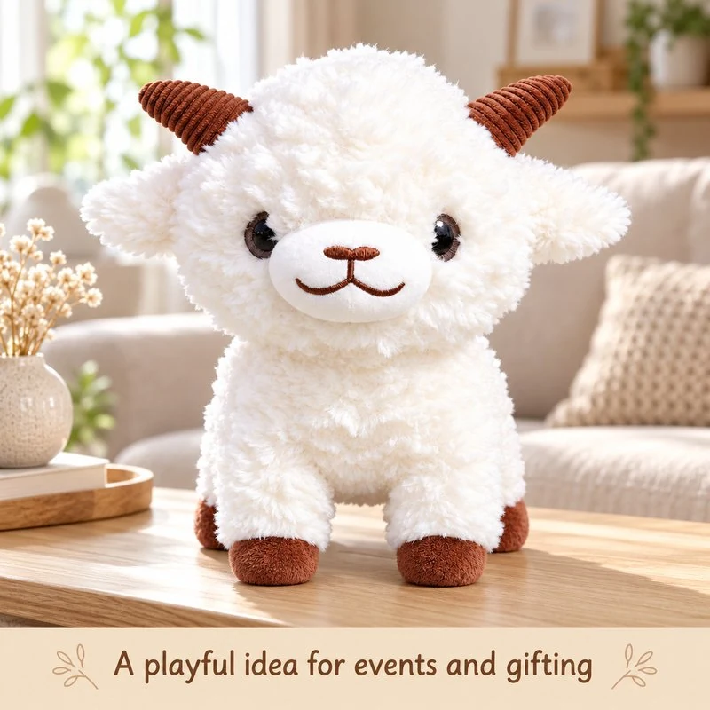Illustrative application scene featuring short leg white goat plush; setting is a concept.