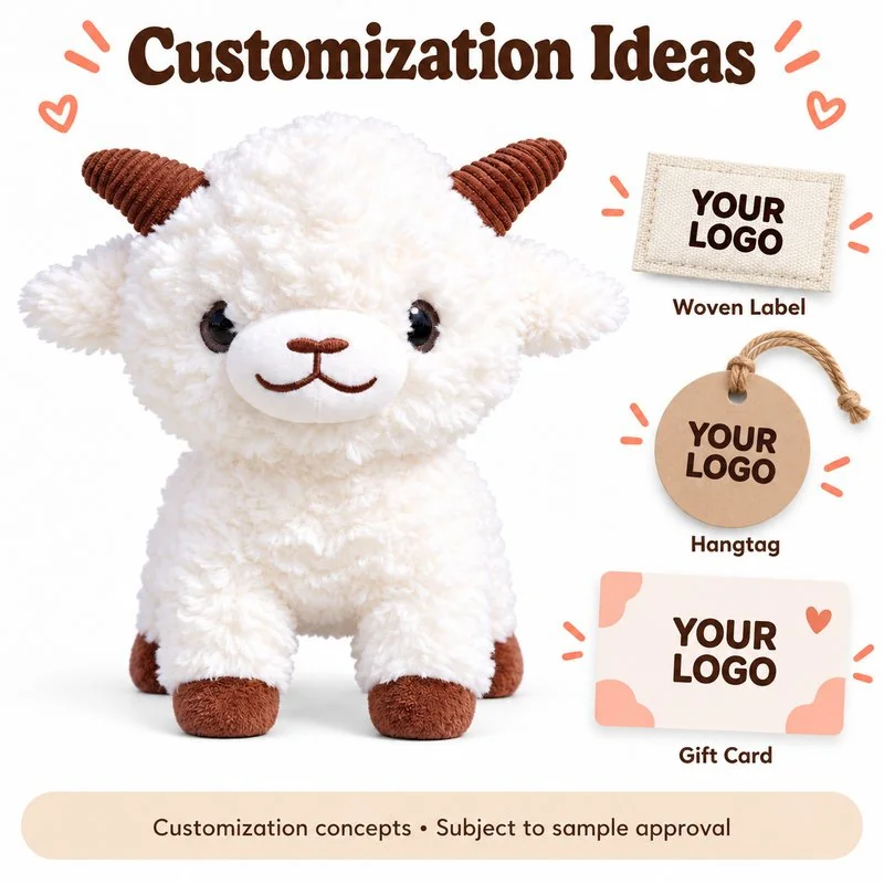 Customization concept for short leg white goat plush; feasibility and sample approval required.