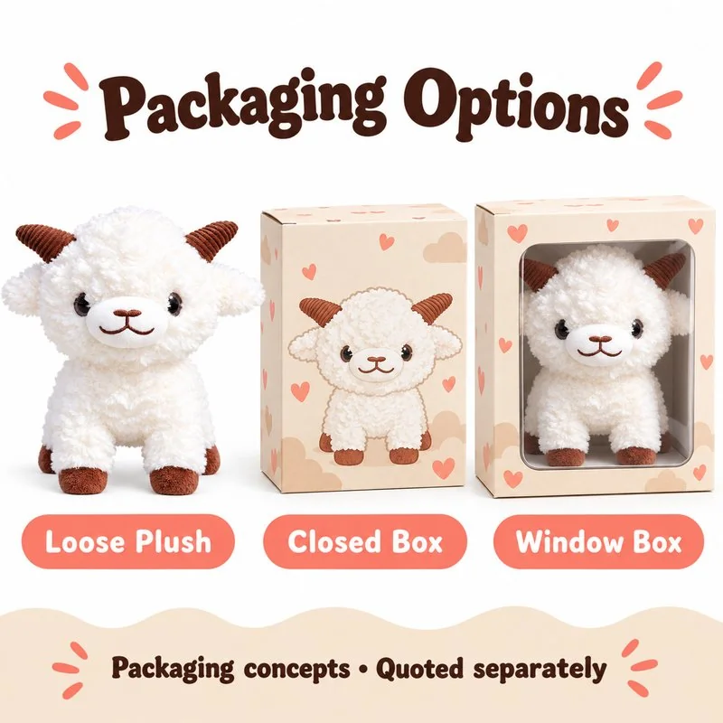 Short Leg White Goat Plush — optional packaging concept; final artwork, fit and quotation require confirmation.