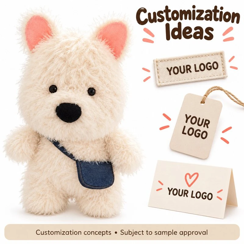 Customization concept for shoulder bag westie dog plush; feasibility and sample approval required.