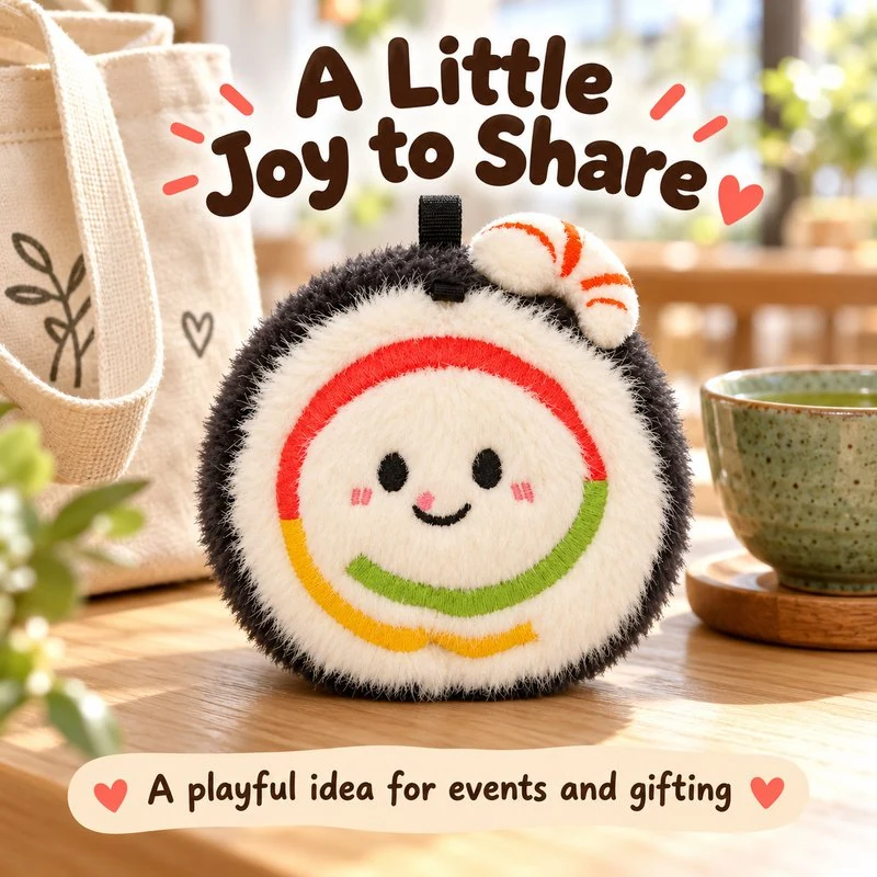 Illustrative application scene featuring shrimp sushi roll plush charm; setting is a concept.