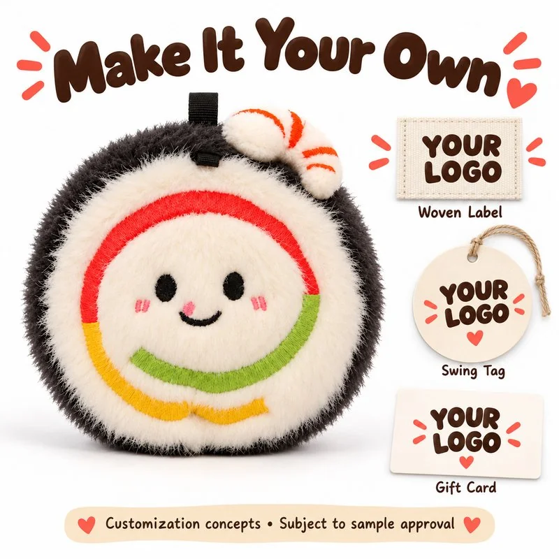 Customization concept for shrimp sushi roll plush charm; feasibility and sample approval required.