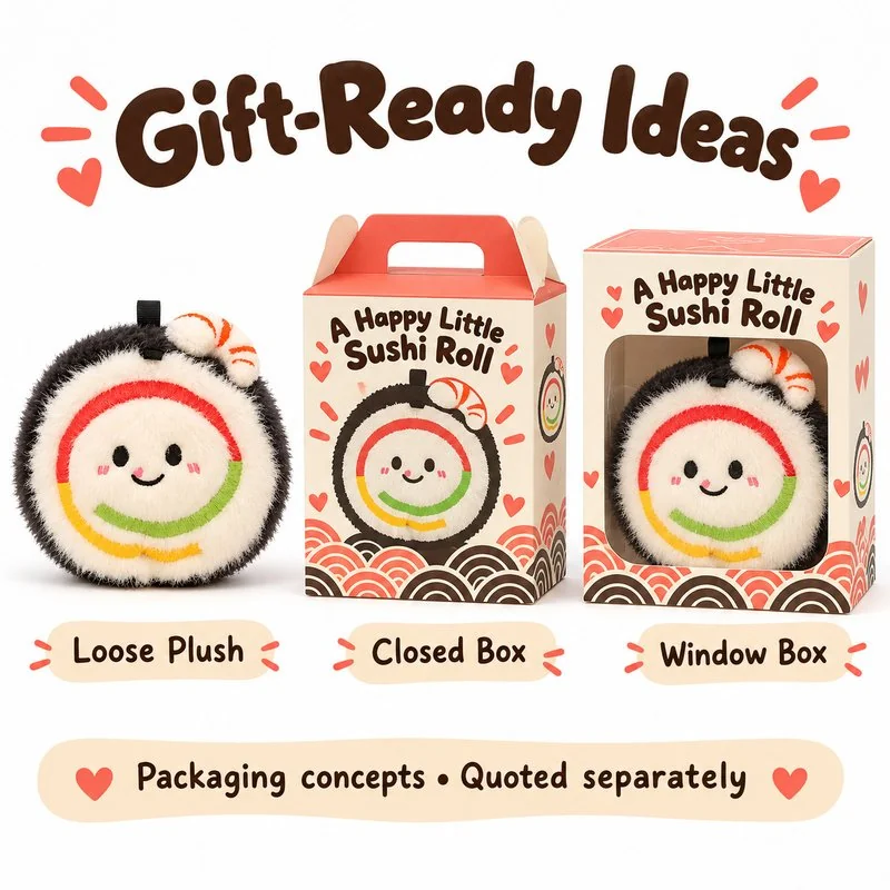 Shrimp Sushi Roll Plush Charm — optional packaging concept; final artwork, fit and quotation require confirmation.