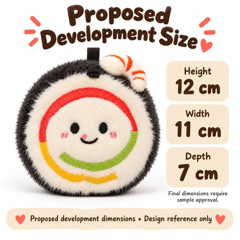 Shrimp Sushi Roll Plush Charm — proposed size reference; dimensions require sample confirmation.