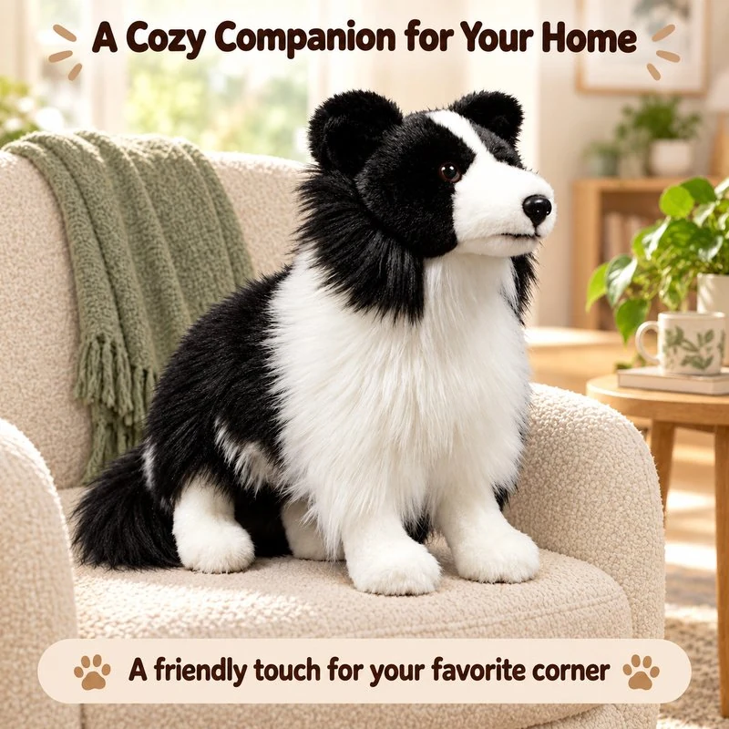 Illustrative application scene featuring sitting border collie plush; setting is a concept.