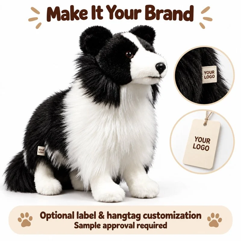 Customization concept for sitting border collie plush; feasibility and sample approval required.