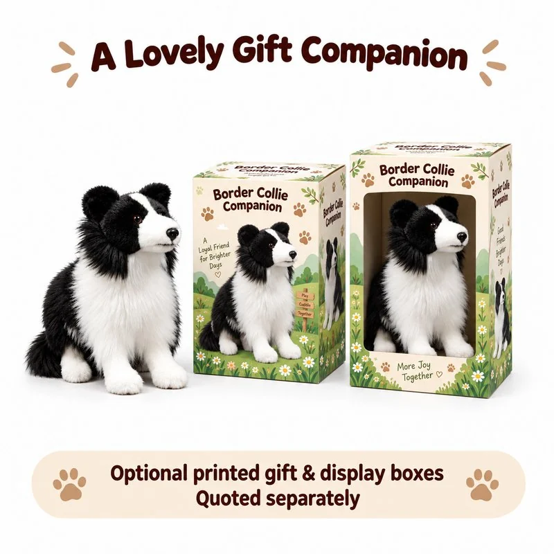 Sitting Border Collie Plush — optional packaging concept; final artwork, fit and quotation require confirmation.