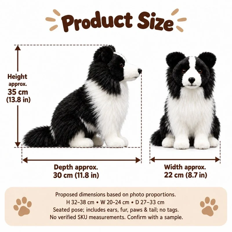 Sitting Border Collie Plush — proposed size reference; dimensions require sample confirmation.
