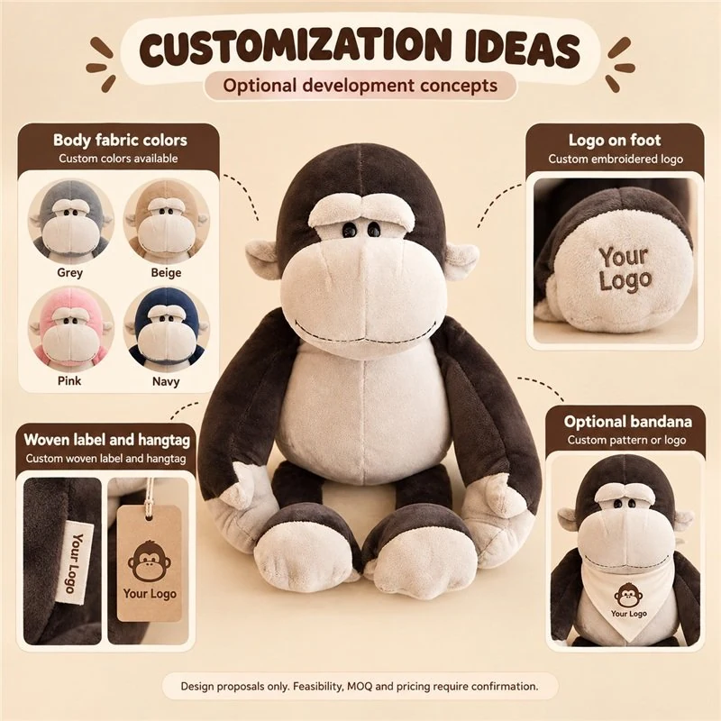Customization concept for sitting brown gorilla plush; feasibility and sample approval required.