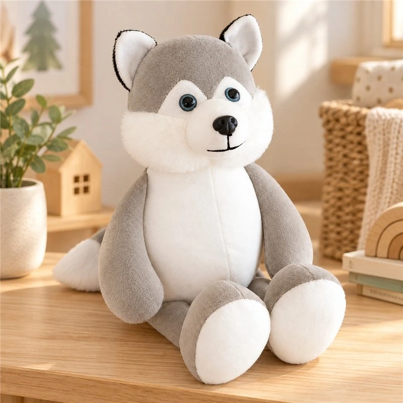 Illustrative application scene featuring long arm gray husky plush; setting is a concept.