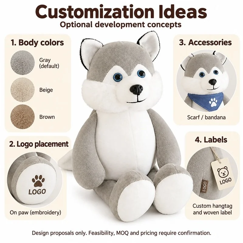 Customization concept for long arm gray husky plush; feasibility and sample approval required.