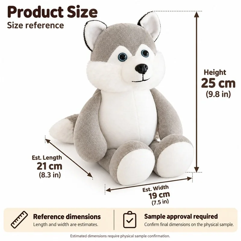 Long Arm Gray Husky Plush — proposed size reference; dimensions require sample confirmation.