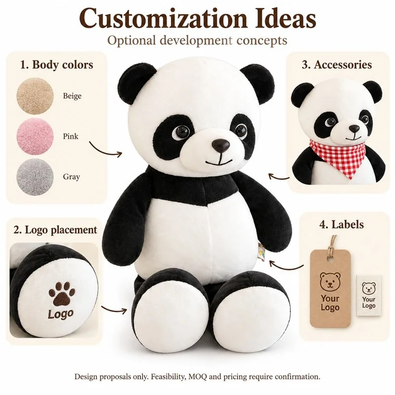 Customization concept for long arm sitting panda plush; feasibility and sample approval required.