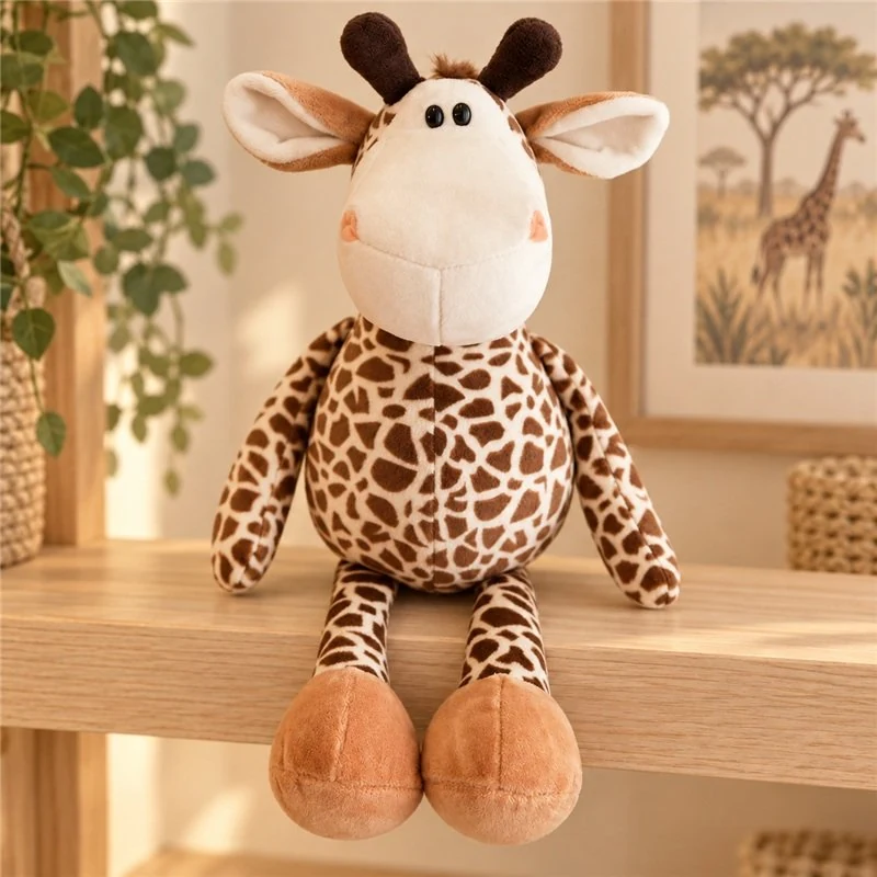 Illustrative application scene featuring sitting spotted giraffe plush; setting is a concept.