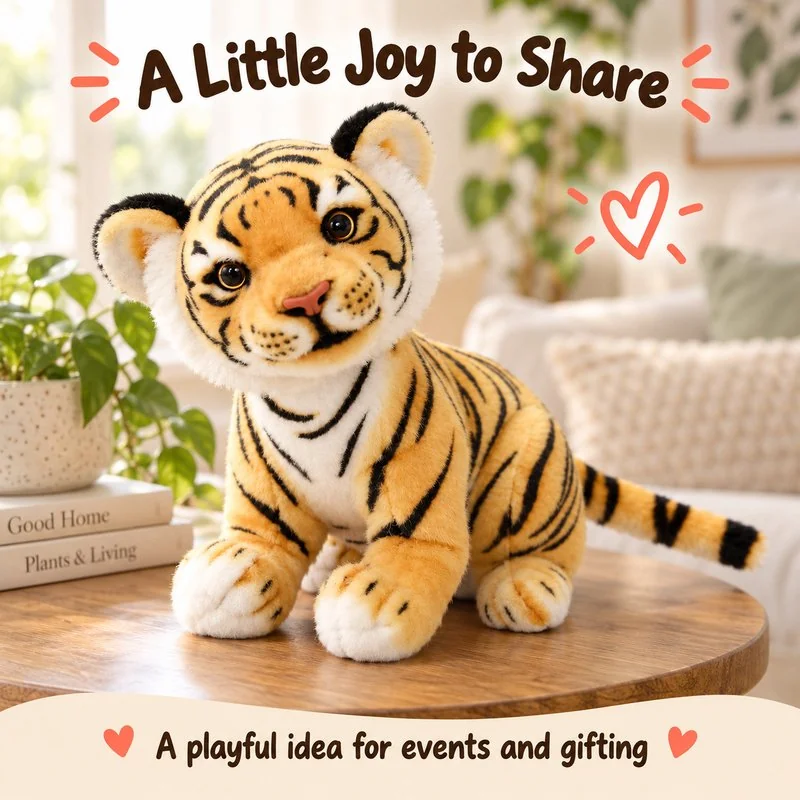 Illustrative application scene featuring sitting tiger cub plush; setting is a concept.