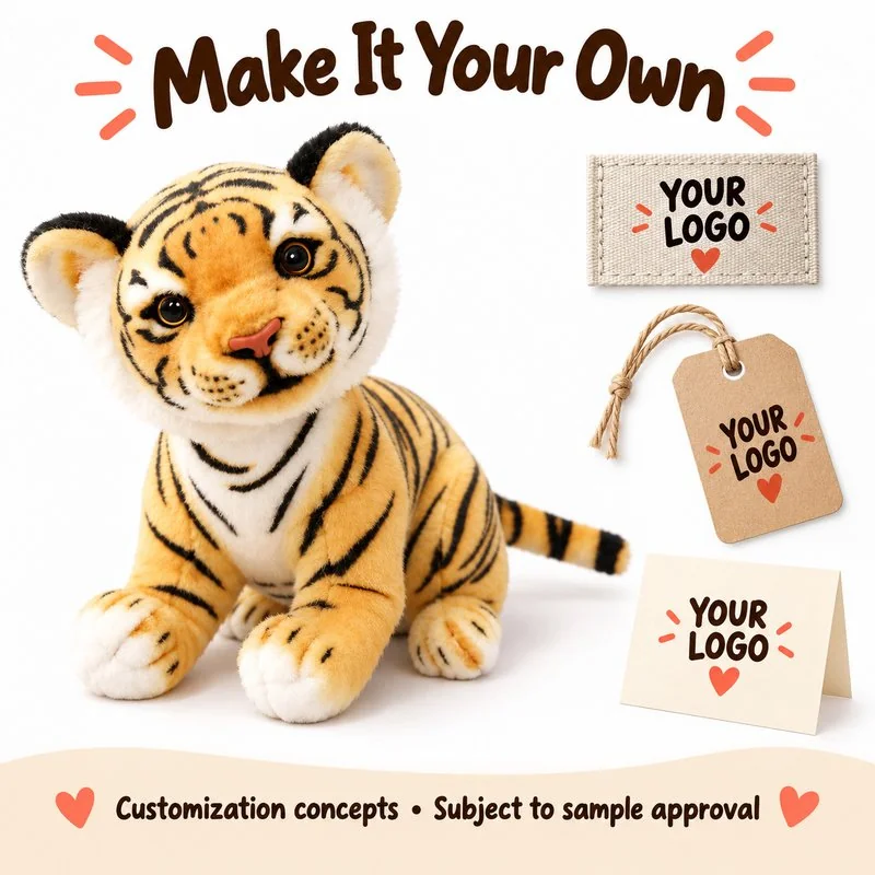 Customization concept for sitting tiger cub plush; feasibility and sample approval required.