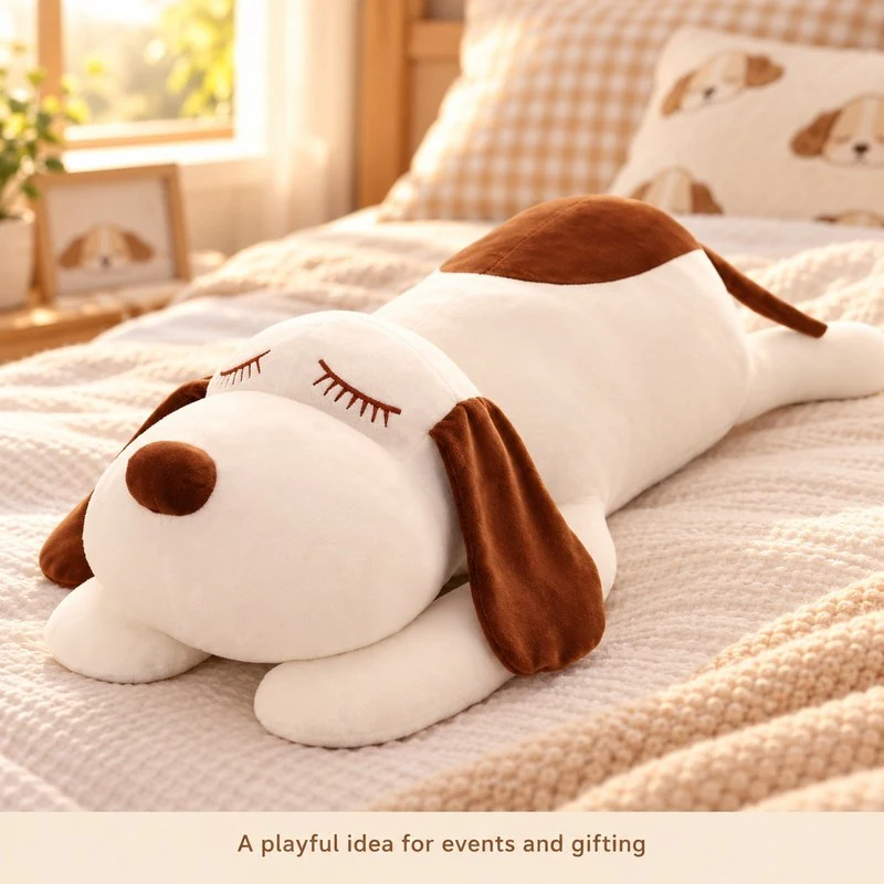 Illustrative application scene featuring sleeping brown white dog plush; setting is a concept.