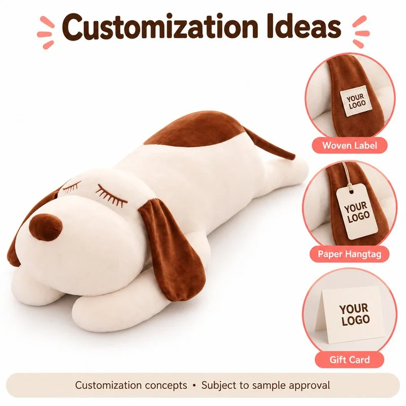 Customization concept for sleeping brown white dog plush; feasibility and sample approval required.