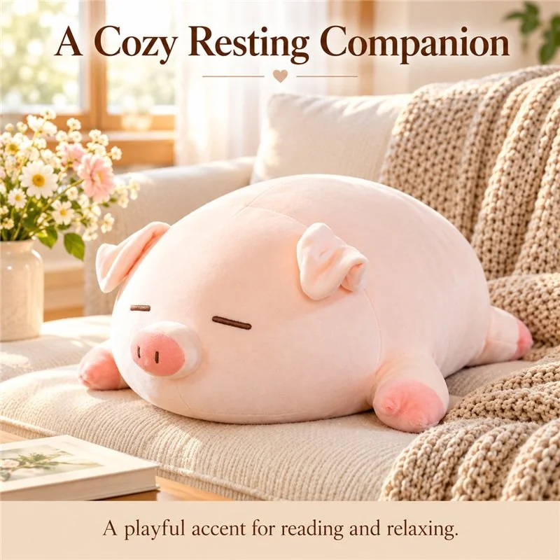Illustrative application scene featuring sleeping pink pig plush pillow; setting is a concept.