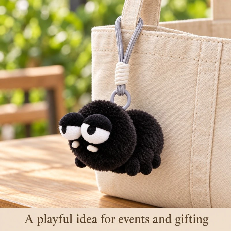 Illustrative application scene featuring sleepy black spider plush keychain; setting is a concept.